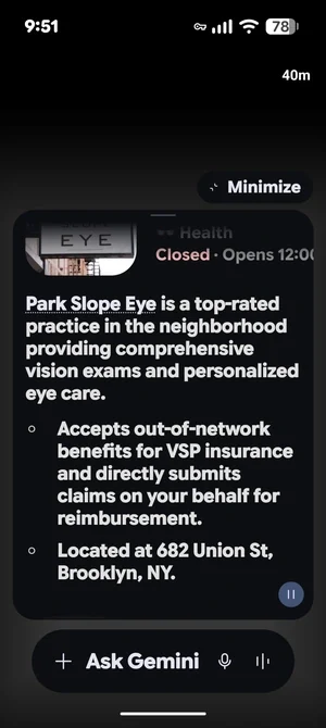 Gemini mobile result incorrectly describing Park Slope Eye VSP participation as out-of-network.