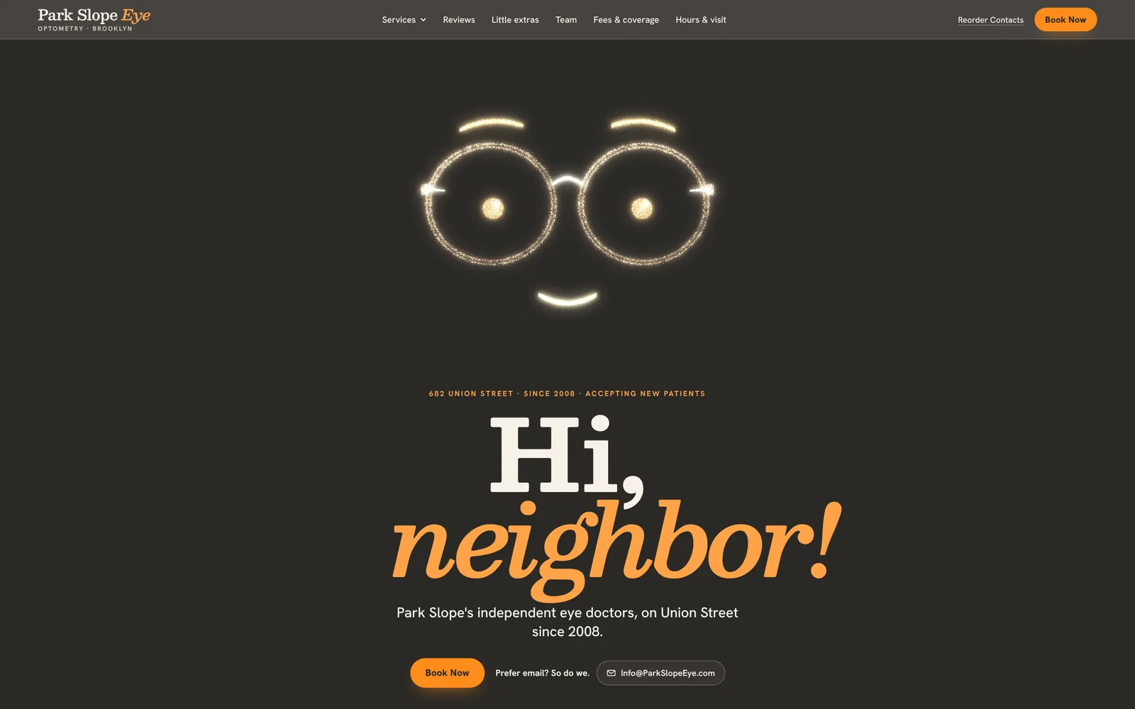 Park Slope Eye’s homepage on a laptop: a face drawn in light above “Hi, neighbor! Park Slope’s independent eye doctors, on Union Street since 2008.”, a Book Now button and the email address.