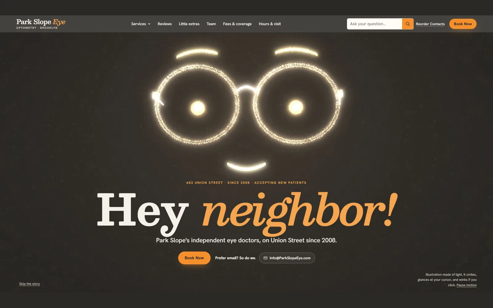 Park Slope Eye’s homepage on a computer: a face drawn in light above “Hey neighbor! Park Slope’s independent eye doctors, on Union Street since 2008.”, a Book Now button and the email address.